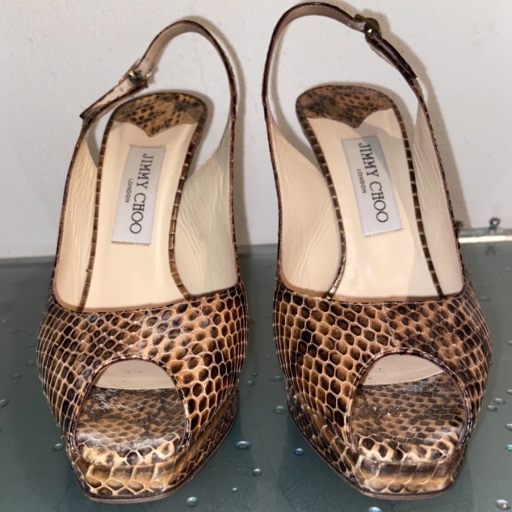 Jimmy Choo Python Snakeskin Peep Toe Heels 37.5 - image 1